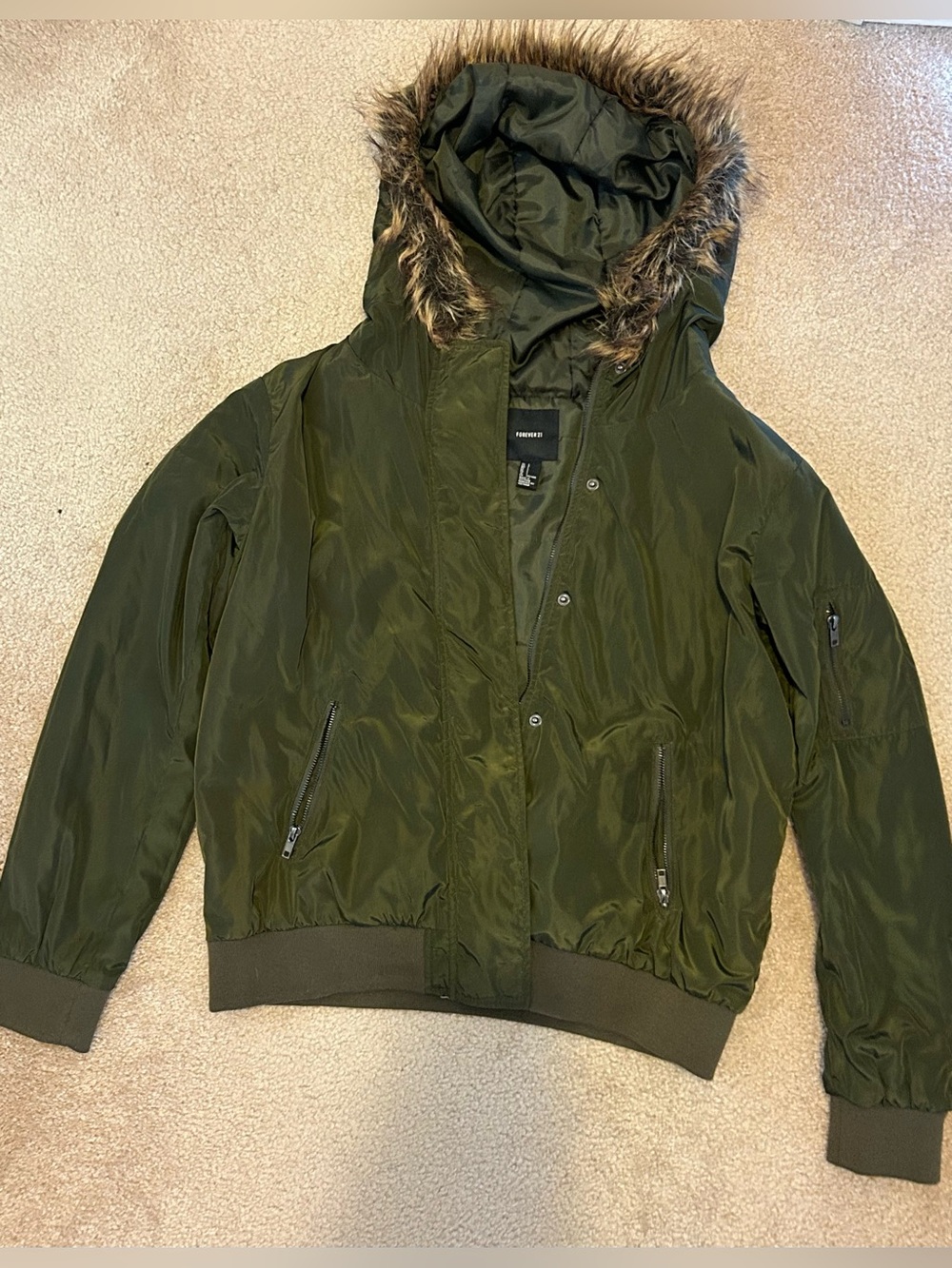 Forever 21 Olive Green Hooded Winter Jacket with Faux Fur Trim